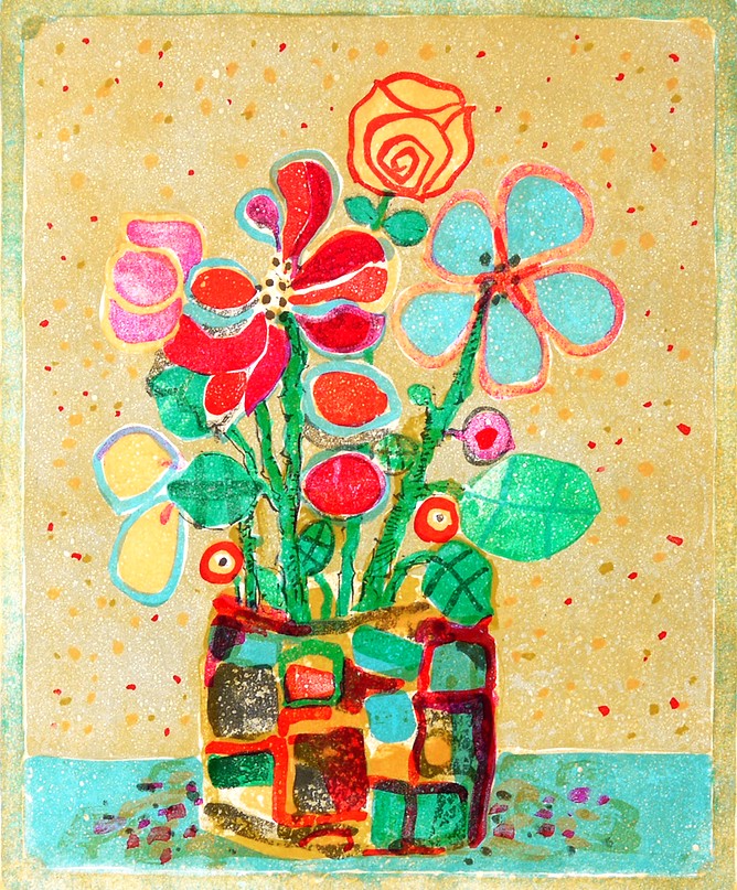 ポール・アイズピリの絵画作品　タイトルは、黒い花瓶の花束